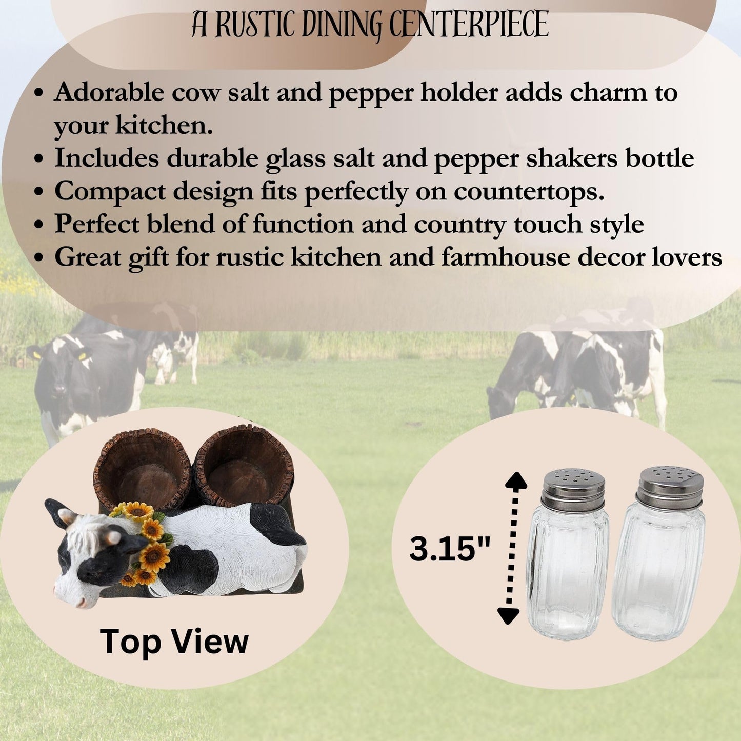 BestGiftEver Decorative Holstein Cow Salt and Pepper Shaker Holder – Rustic Farm Animal Salt and Pepper Set Spice Rack for Farmhouse Kitchen Decor - Gifts for Cow Collectors and Farmhouse Lovers
