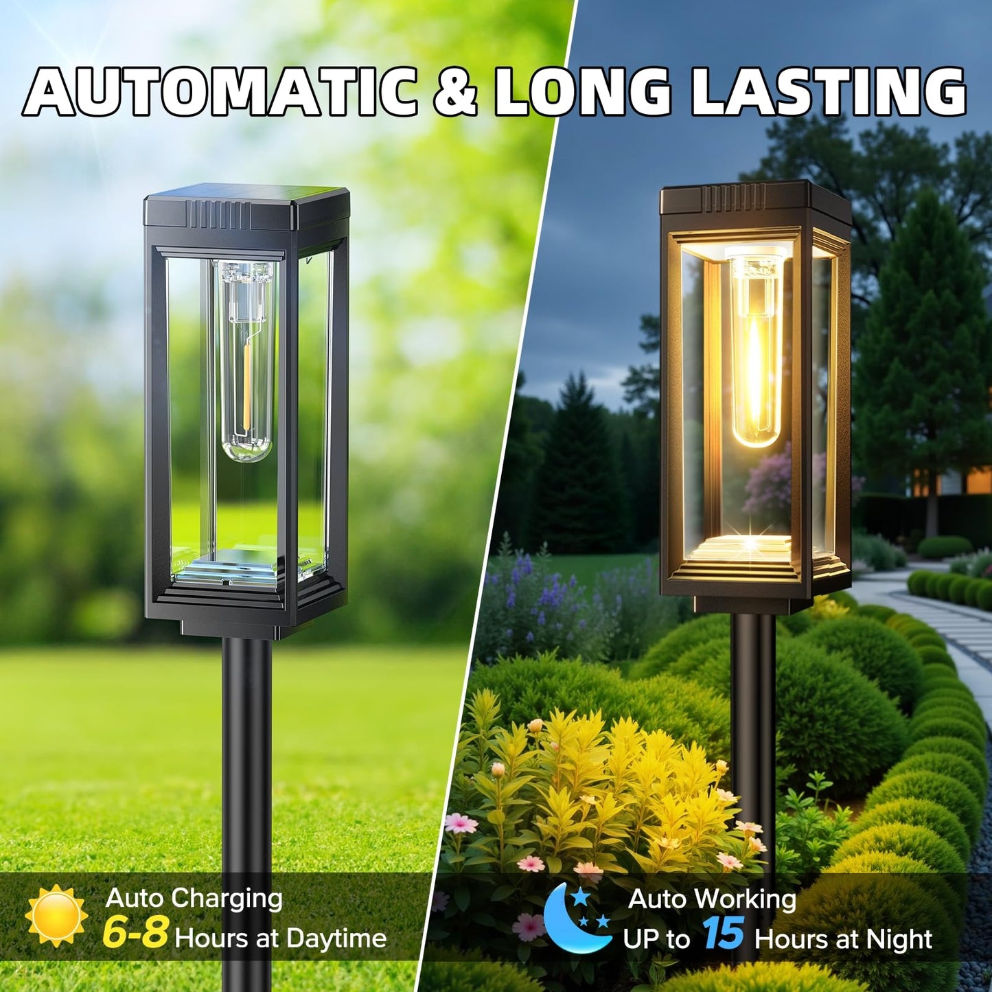 Solar Pathway Lights Outdoor, 6 Pack Solar Lights Waterproof, Auto On/Off, 15+ Hours Runtime, Lighting for Garden Outside Yard Driveway Landscape Path Patio, Warm White
