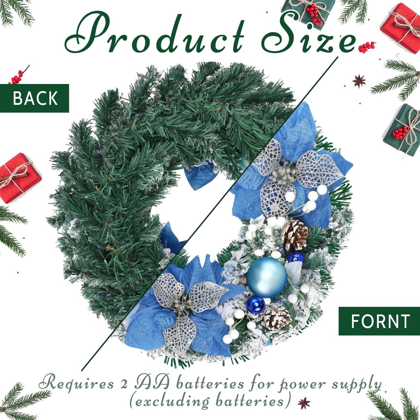 Knitgrip Pre-Lit Christmas Wreaths for Front Door 13.7 Inches Christmas Wreath with Ball Ornaments 20 LED Lighted Hoop for Outdoor Wall Window Fireplace (Blue,Blue Flower Style)