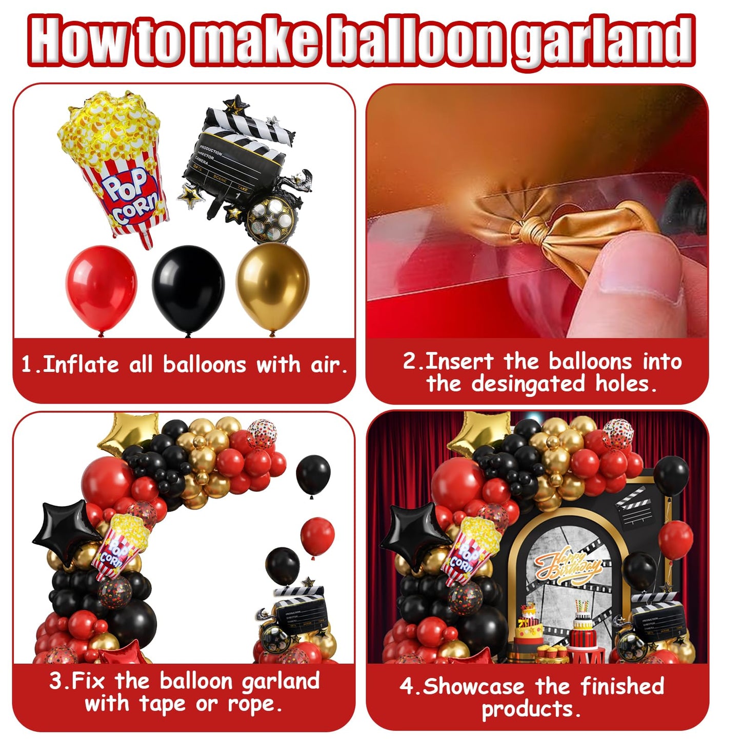 Movie Night Balloon Garland Arch Kit, Red Black Gold Confetti Balloons with Camera Star Popcorn Foil Balloons for Birthday Anniversaries Movie Theme Film Party Decorations