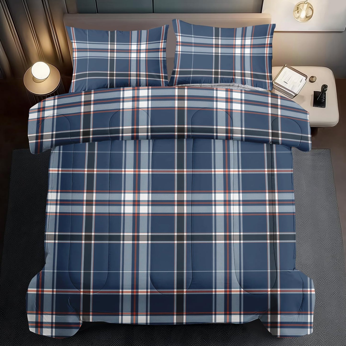 llyxsesty Blue Grid Comforter Set King Teens Plaid Design Bedding Set for Boys Gingham Comforter King Girls Quilt Plaid Bedroom Decor Grid Checkered Bedding Bed Decor