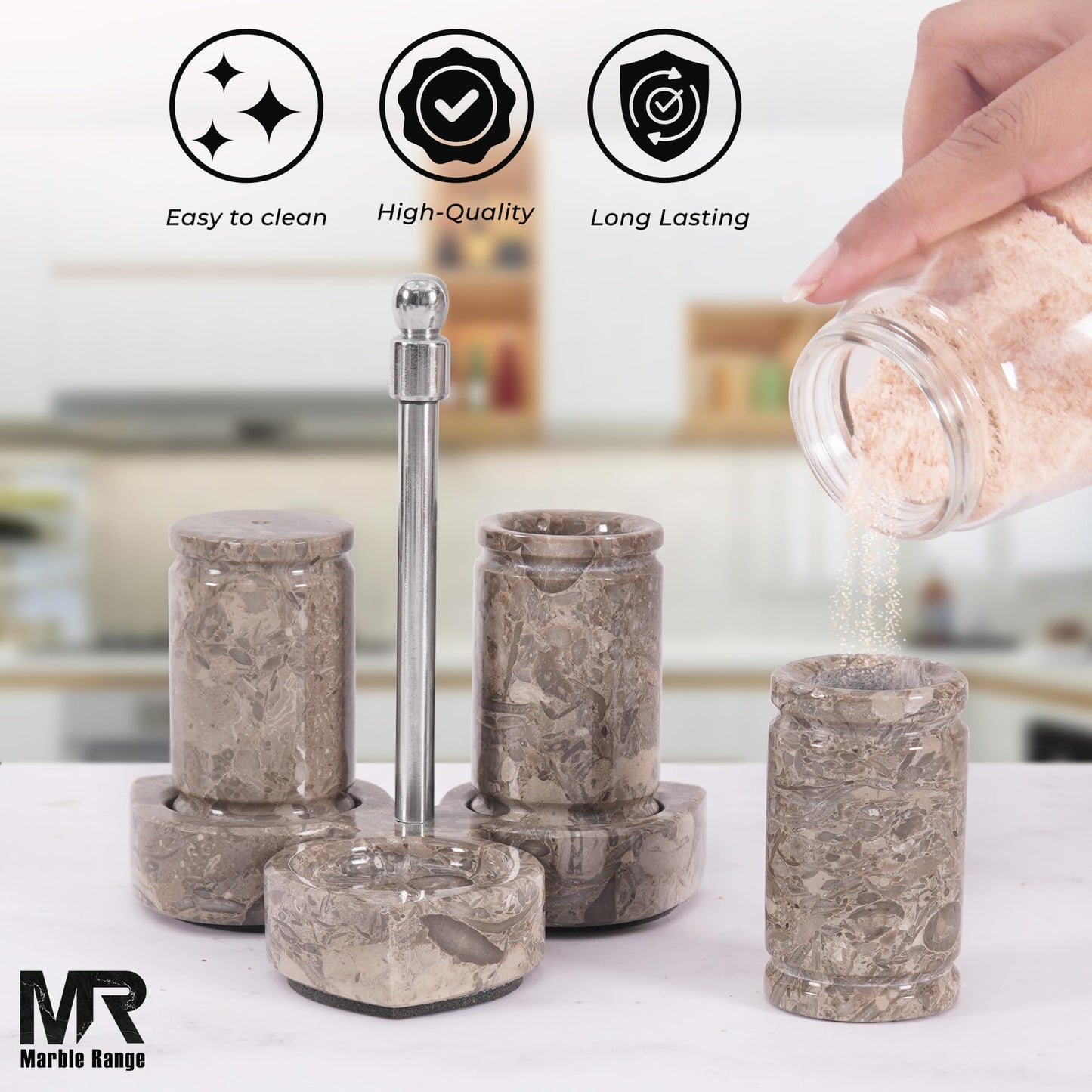 Marble Salt and Pepper Shakers Set of 3 – Handmade Oceanic Stone Spice Shakers 0.8 oz with Tray, Elegant Tabletop Seasoning Set for Kitchen Countertop & Dining Table, Saleros Decorativos