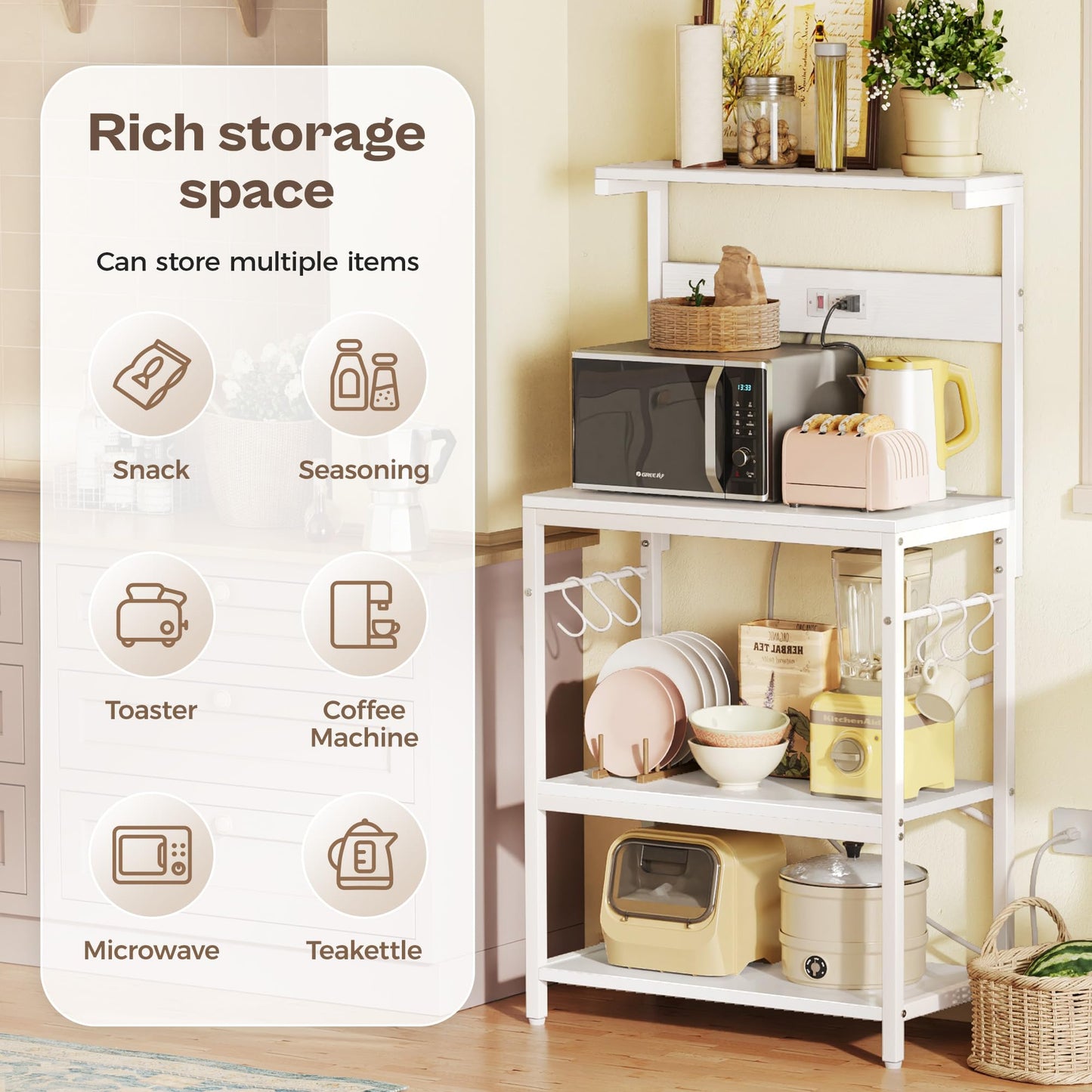 SUPERJARE Kitchen Bakers Rack with Power Outlet, Coffee Bar Table 4 Tiers, Kitchen Microwave Stand with 6 S-shaped Hooks, Storage Shelf Rack for Spices, Pots and Pans - Rustic Brown