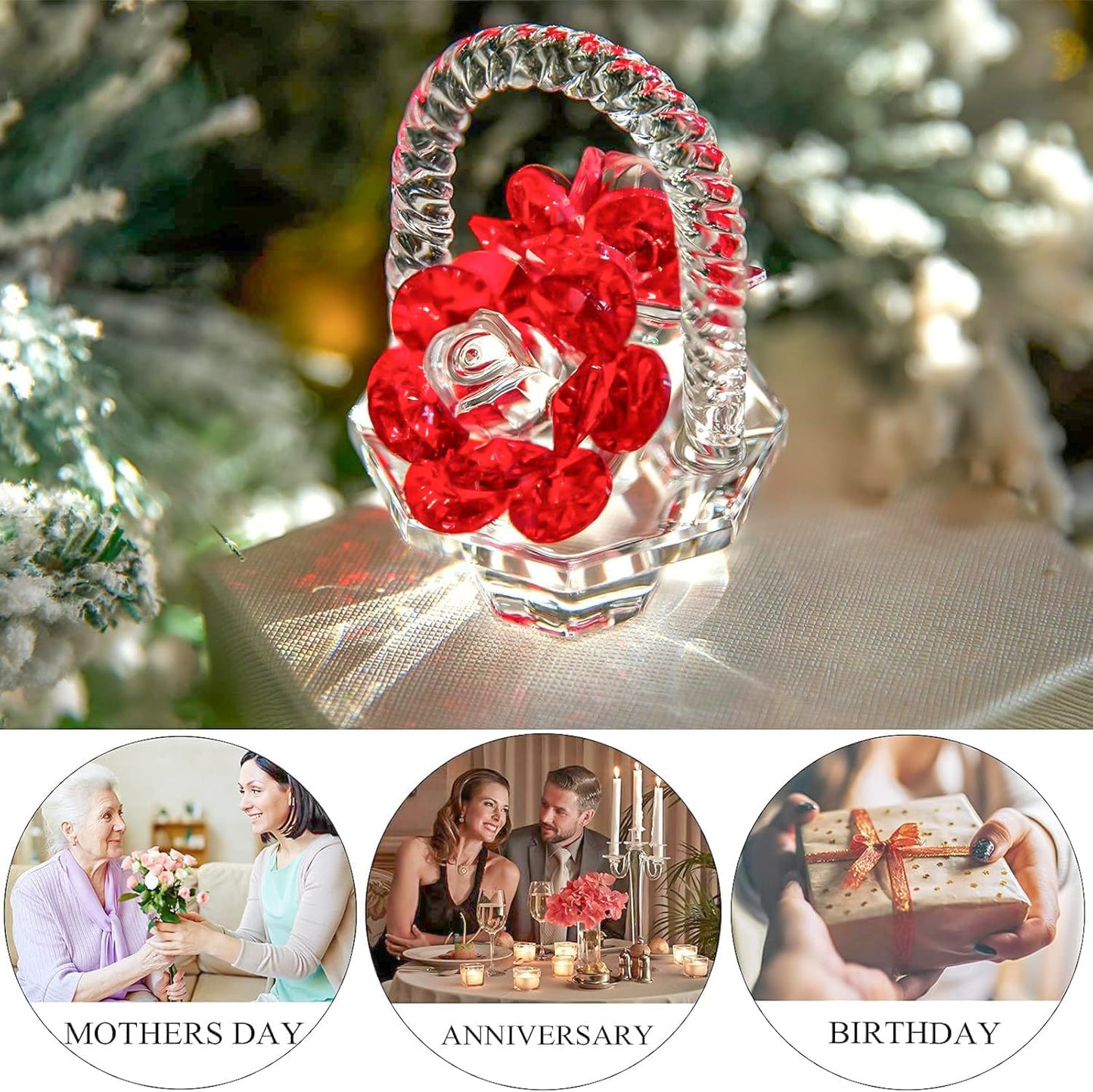 H&D HYALINE & DORA Crystal Red Rose Flower Basket Crystal Collectible Figurines Ornaments for Home Decor Table Centerpiece