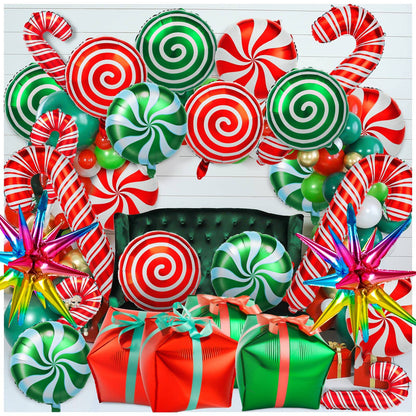 38Pcs Christmas Balloons, Big Red Green Candy Cane Foil Mylar Balloon for Party Decorations