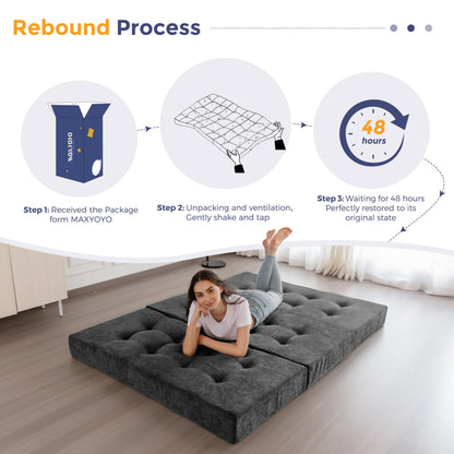 MAXYOYO 6" Folding Sofa Bed for Floor, Tufted Tri-Fold Floor Couch Bed with Chenille Fabric, Full Size Portable Sofa Couch Guest Mat for Adults, Foldable Topper for Camping, Dark Grey, 53"x75"