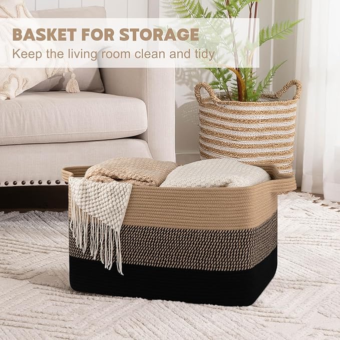 OIAHOMY Extra Large Blanket Basket, 95L Cotton Rope Woven Laundry Basket