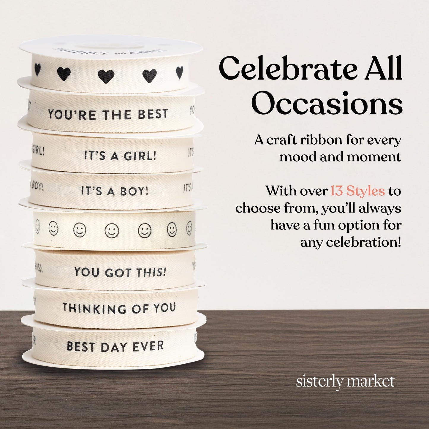Sisterly Market - Custom Herringbone Cotton Ribbon, Natural 5/8 Inch Gift Ribbon with Merry Christmas Printed Phrase, 10 Yards