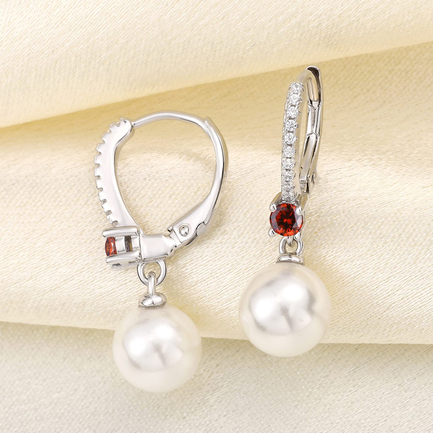 JO WISDOM Pearl Earrings,925 Sterling Silver 8mm Pearl Leverback Drop Earrings with 3A CZ January Birthstone Garnet Color,Jewelry for Women