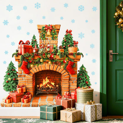 Large Fireplace Wall Stickers Removable Christmas Wall Decals Peel and Stick Fireplace Mural Sticker Winter Tree Snowflake Holiday Decorations for Walls Xmas Fire Flame Decal Party Decor