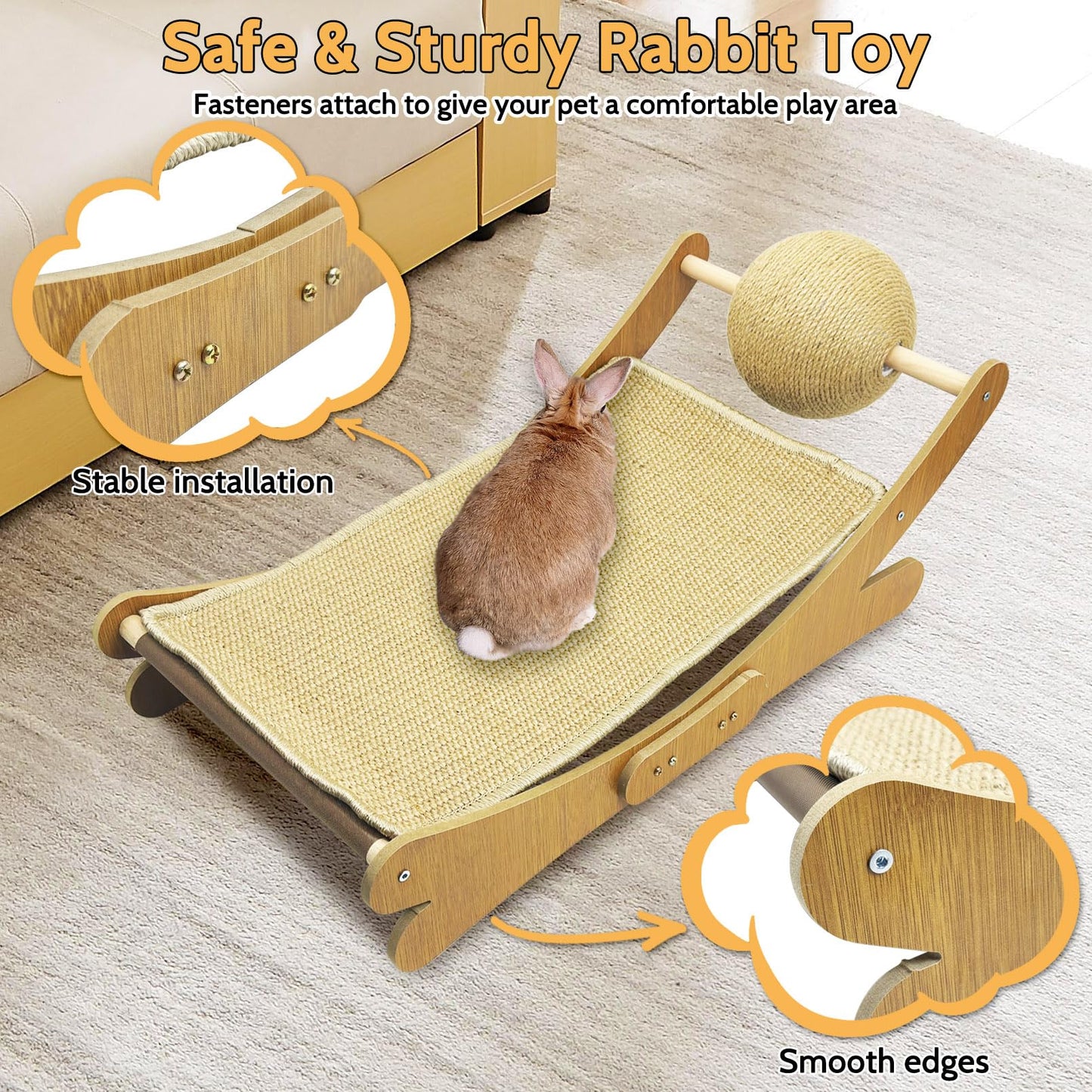 Fhiny Rabbit Scratch Toy, Natural Sisal Bunny Scratching Ball with Sisal Pad Scratcher Bed Hammock Bunny Claw Interactive Toys Mini Beach Chair Nail Scratching Post Mat Lounge for Indoor Kitten Ferret