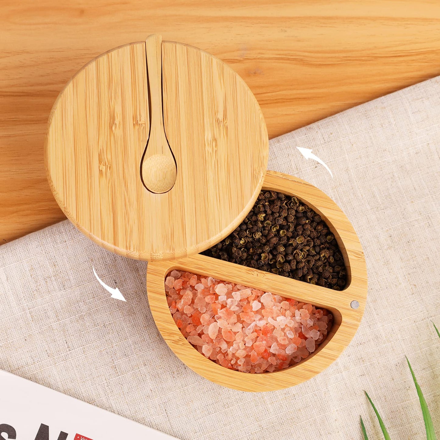 HTB Bamboo Salt and Pepper Bowls, Divided Salt Cellar With Swivel Lid and Spoon, Seasoning Containers With Magnetic Lid to Keep Dry, Mini Spoon Built Into Top, Great When You May Have Messy Hands