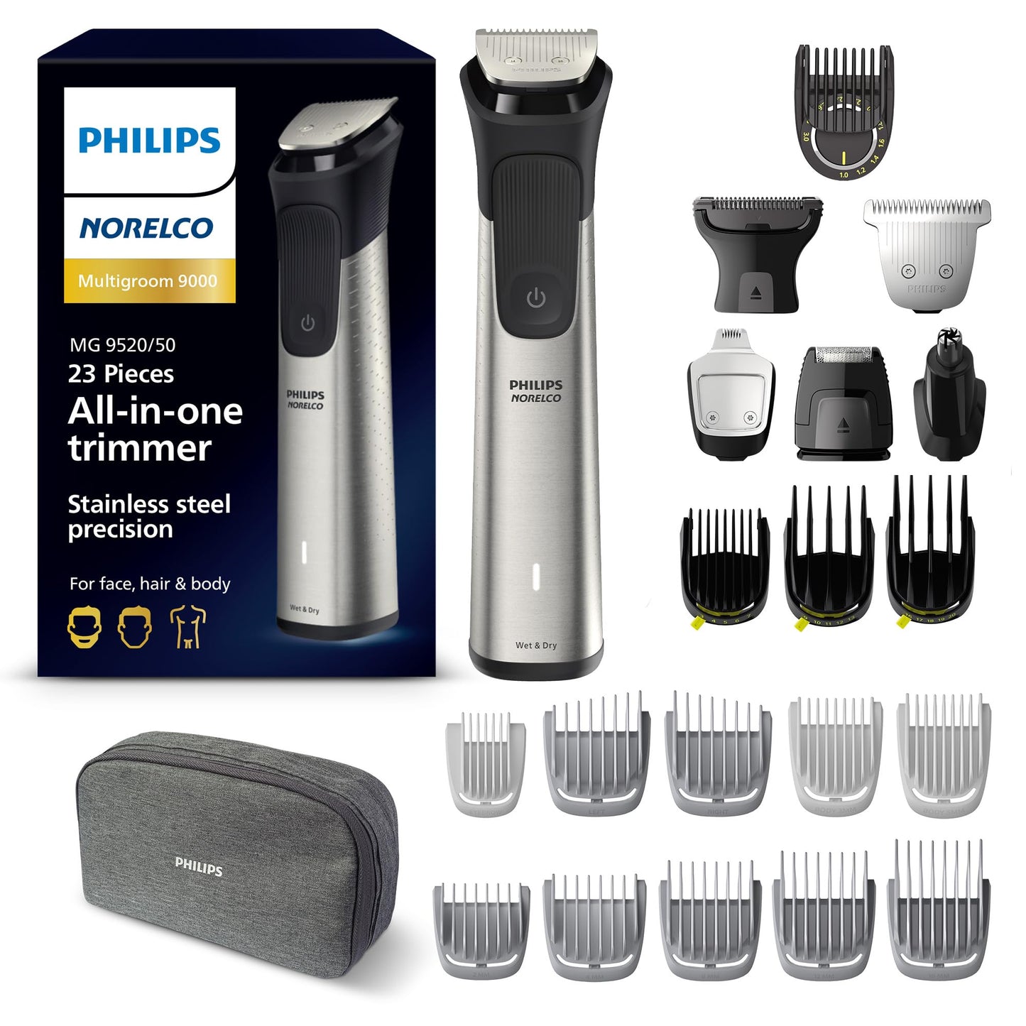 Philips Norelco Multigroom 9000 Series, All-in-One Trimmer, Beard Trimmer and Hair Clipper, 23-Piece Men's Grooming Kit for Beard, Body, Face, Nose, Ear and Intimate Areas, MG9520/50