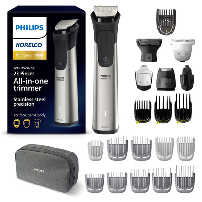 Philips Norelco Multigroom 9000 Series, All-in-One Trimmer, Beard Trimmer and Hair Clipper, 23-Piece Men's Grooming Kit for Beard, Body, Face, Nose, Ear and Intimate Areas, MG9520/50