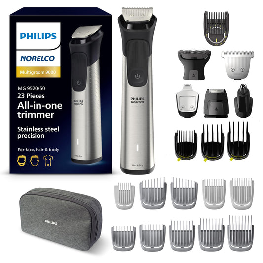 Philips Norelco Multigroom 9000 Series, All-in-One Trimmer, Beard Trimmer and Hair Clipper, 23-Piece Men's Grooming Kit for Beard, Body, Face, Nose, Ear and Intimate Areas, MG9520/50