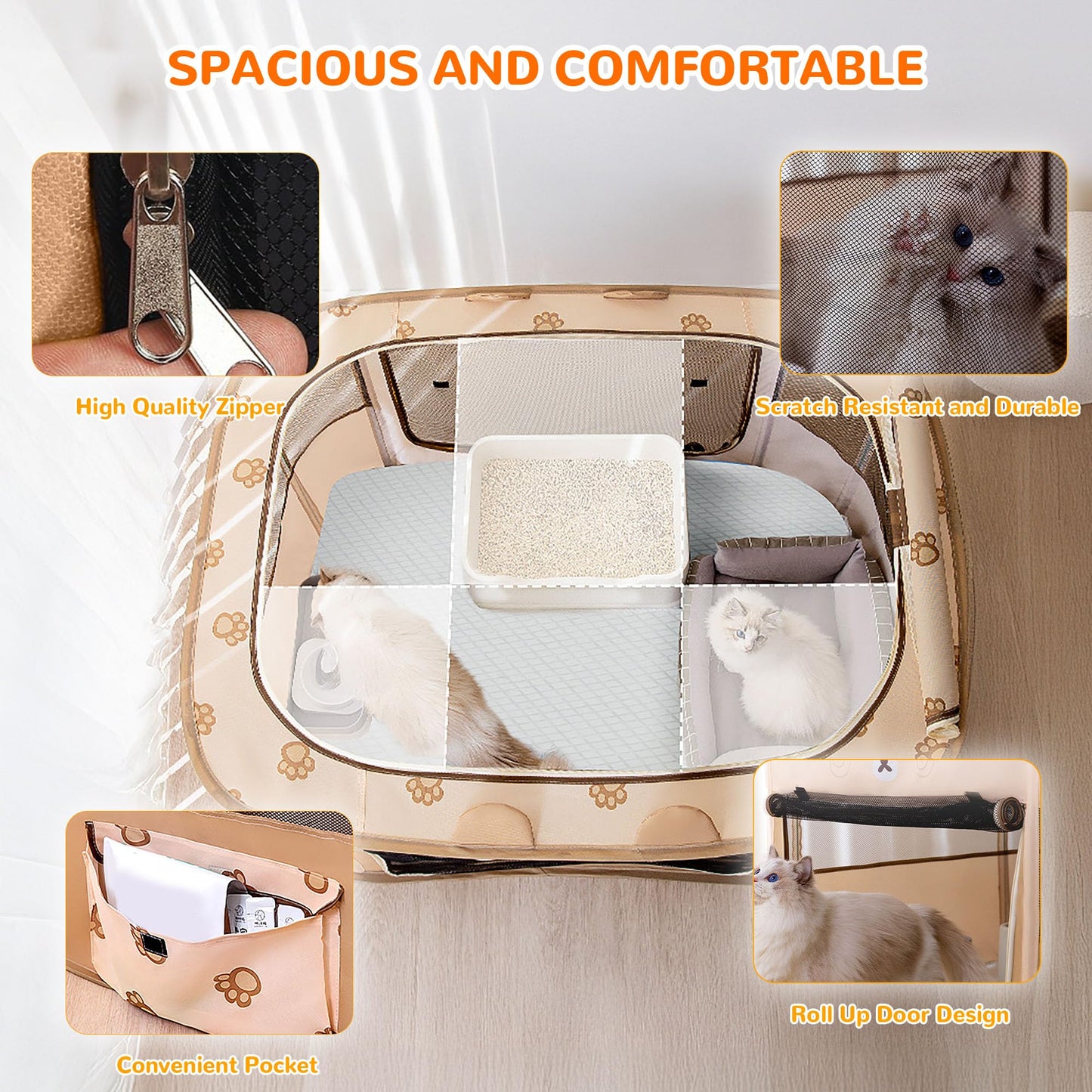 ALLSOPETS Cat Playpen for Dog, Foldable Pet Play Pen for Indoor Outdoor Use, Portable Dog Cat Crate Tent for Puppies Kittens, Pop-Up Pet Cage for Travel Camping (Brown Bear, M)