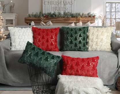 4TH Emotion Christmas Tree Decorative Lumbar Pillow Covers 12x20 Set of 2, Green Soft Plush Faux Fur Farmhouse Throw Cushion Cases for Xmas Winter Holiday Home Decorations
