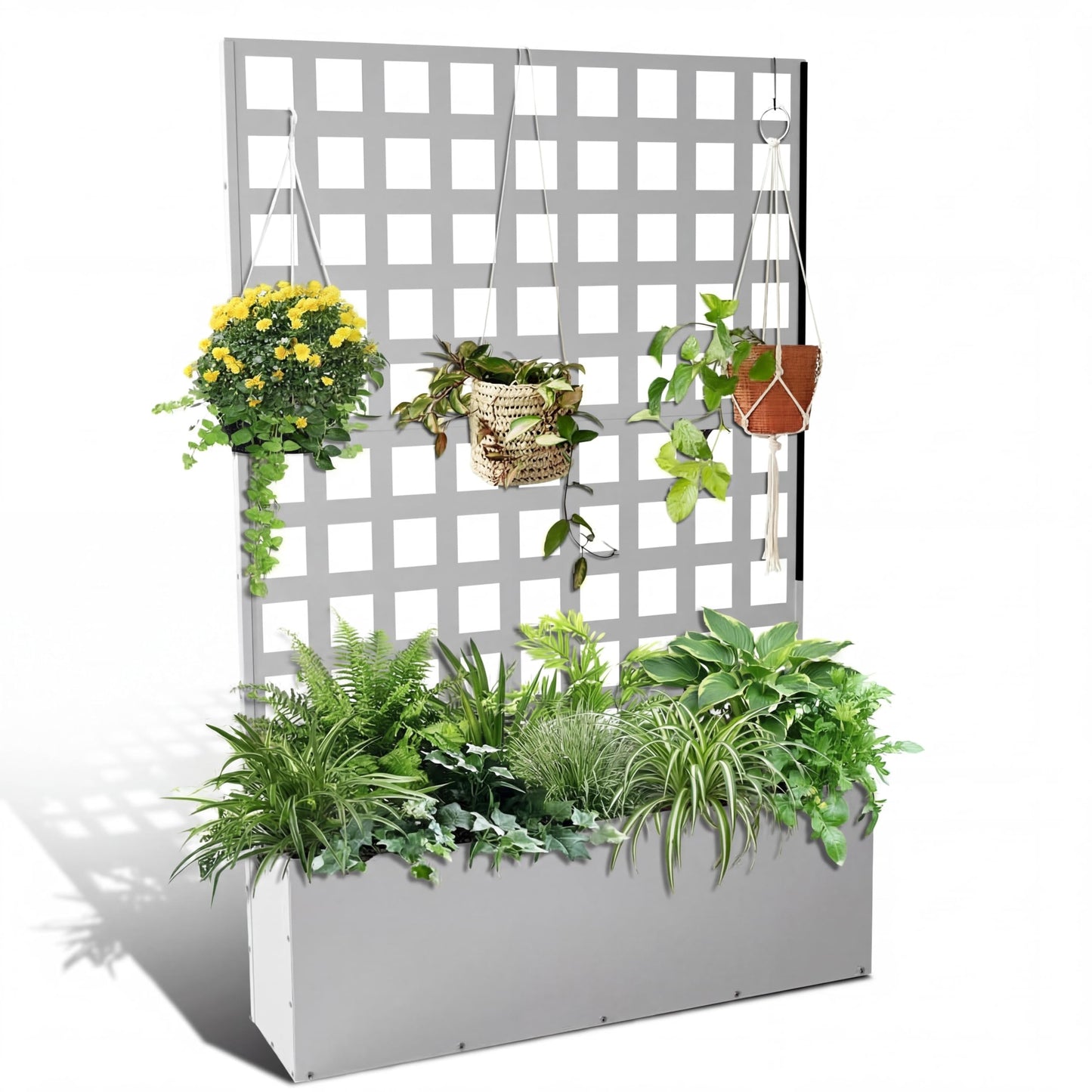 Metal Planter Box with Trellis, Outdoor Galvanized Raised Garden Bed with Privacy Screen & Drainage Holes & Lockable Casters for Climbing Plants, Vegetable