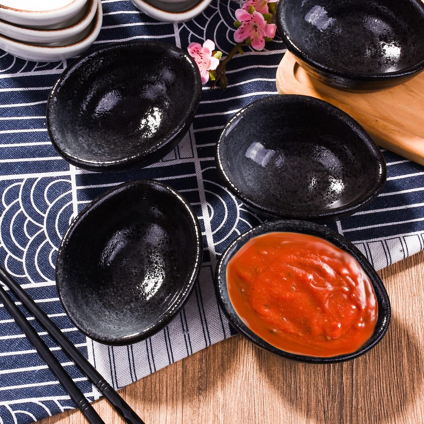 LMRLCS Japanese Dipping Sauce Bowls Elliptical Porcelain Soy Sauce Dish Sushi Dish Ceramic Asian Sauce Bowls Set of 5 for Vinegar,Oil,Salt,Salad Soy Sauce,Wasabi, Black