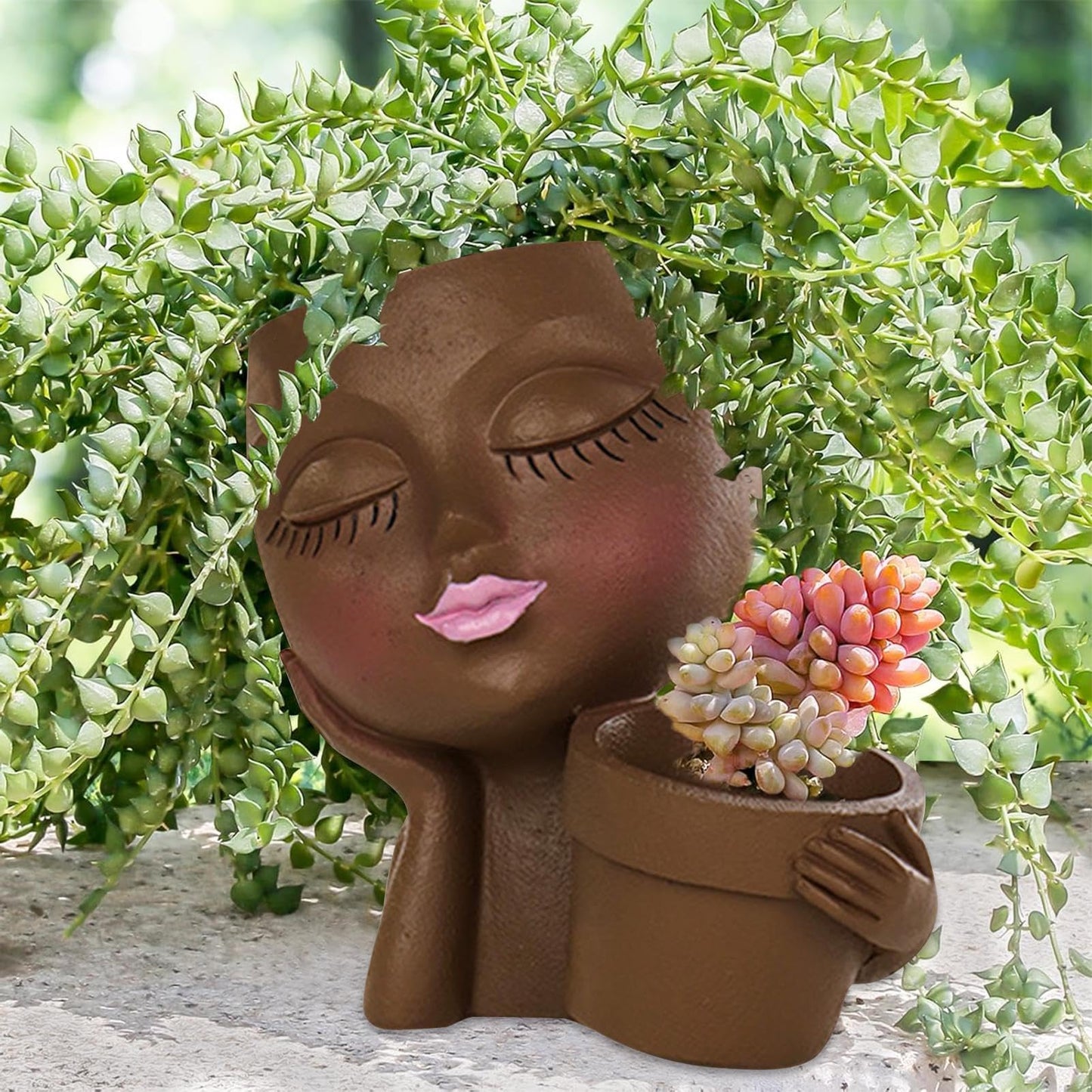 Rivonthex Lady Face Planter Pot with Dual Compartments, Resin, Indoor/Outdoor Succulent Planter, 6.3" x 4.3" x 6.7", with Drainage Holes (Brown, Small)