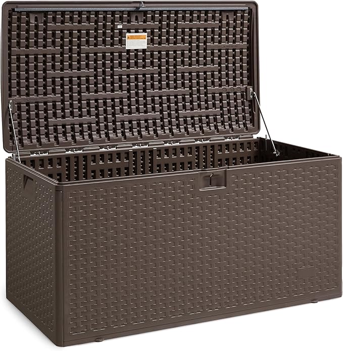 Amazon Basics Outdoor Storage Deck Box, Lockable, Weather-Resistant, 99 Gallon, Brown, for Patio Cushions, Gardening Tools, Pool Accessories