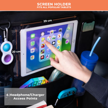 Huckaboo Car Seat Organiser - Kids Back Seat Organiser, Storage Pockets, Screen Holder, Black, 1 Pack