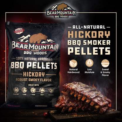 Bear Mountain Premium BBQ Woods 100 Percent All Natural Hardwood Hickory Pellets, Perfect for Pellet Smokers & Grills for Wood-Fired Flavor, (40 Pounds Bag)