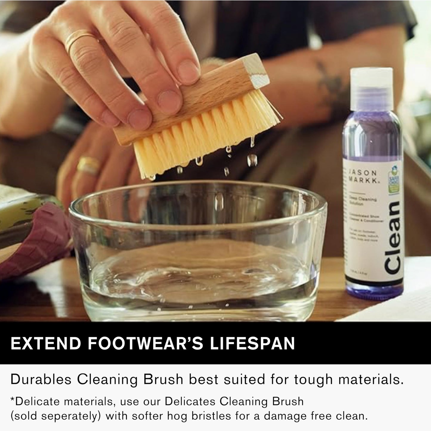 Jason Markk Essential Kit, Shoe Cleaner, Trainers Care, 2-Piece Set, Deep Cleaning Solution & Durables Brush, Ideal for Footwear, Full Grain Leather, Rubber, and more, 4oz