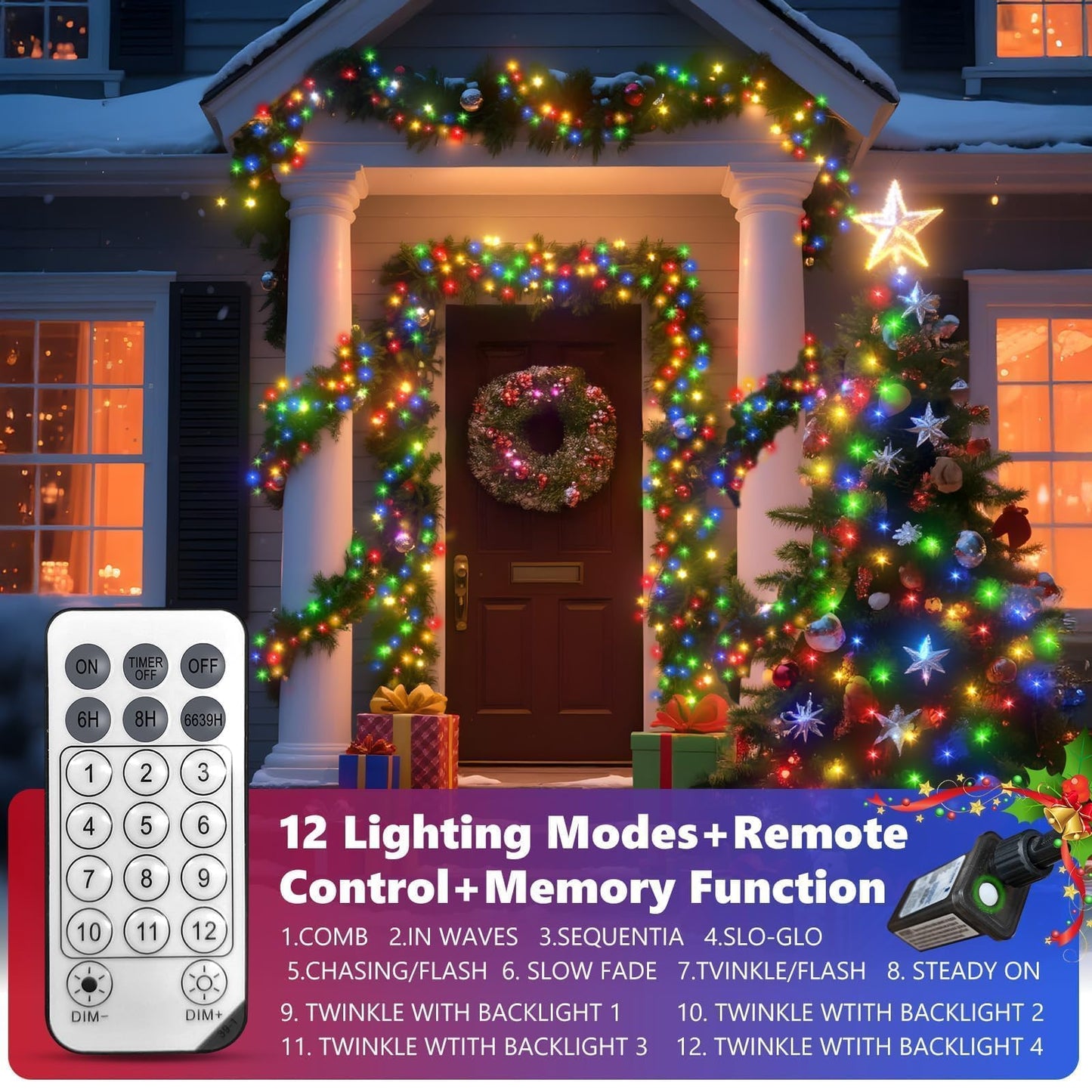 1200 LED 59FT Christmas Cluster Lights, Multicolor Christmas Tree Lights Outdoor, Firecrackers String Light with 12 Modes Timer Remote, Waterproof Plug in Twinkle Fairy Light for Xmas Tree Garland