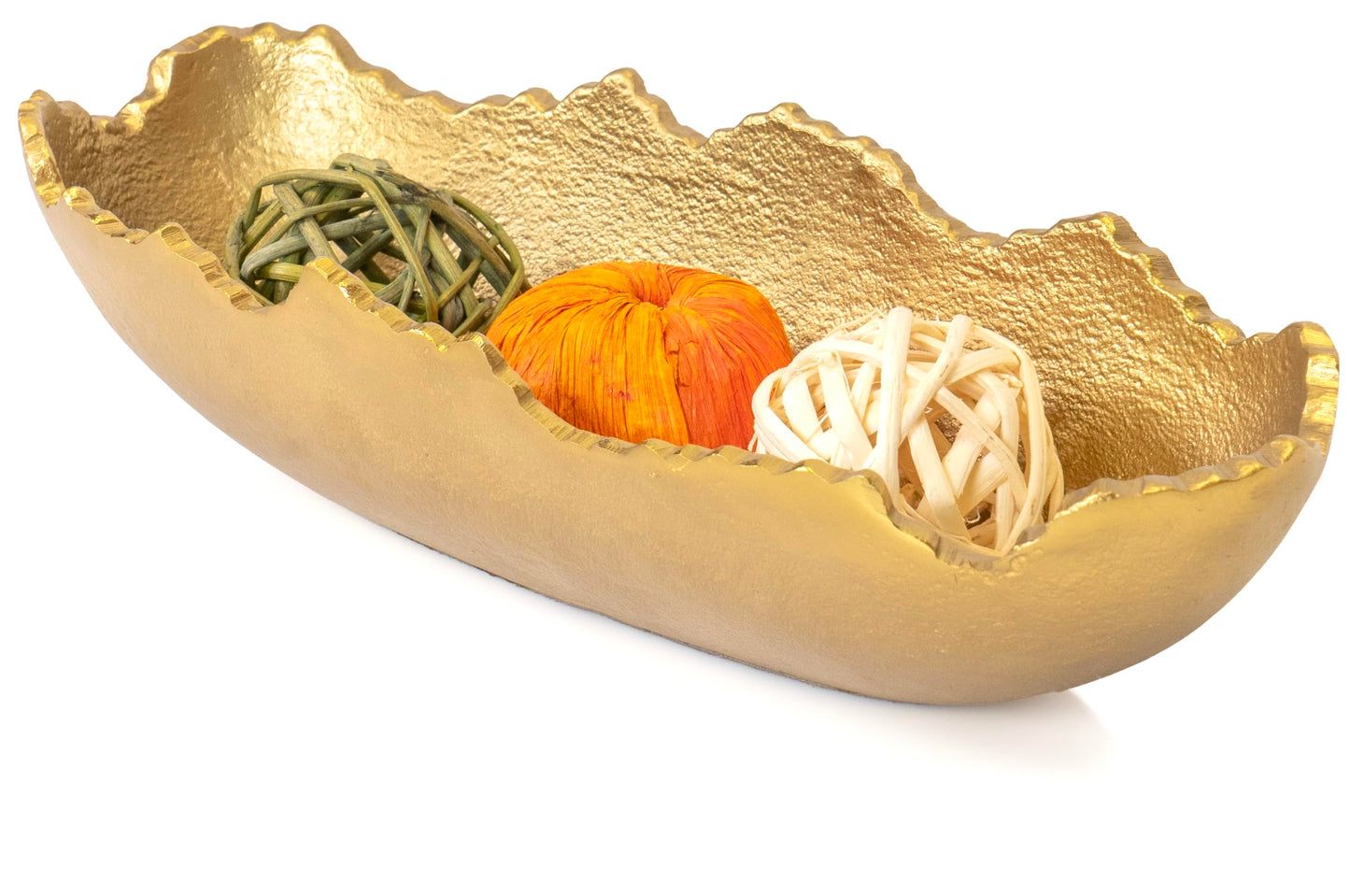 Red Co. 11.5” x 4.5” Elongated Oval Decorative Asymmetrical Torn Textured Metal Centerpiece Tray with Sculpted Edges, Old Gold