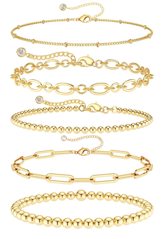 DEARMAY 14K Gold Plated Bracelets for Women Gold Jewelry Set for Women Beaded Bracelets Dainty Paperclip Chain Bracelet Pack Gifts