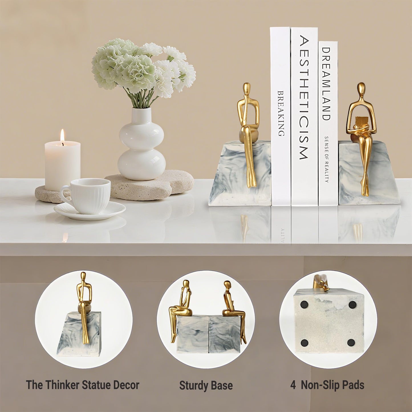 Book Ends for Shelves to Hold Books,Heavy Duty Thinker Abstract Statue Decorative Bookends for Home Office Bookshelf, Gift for Book Lovers,1 Pair