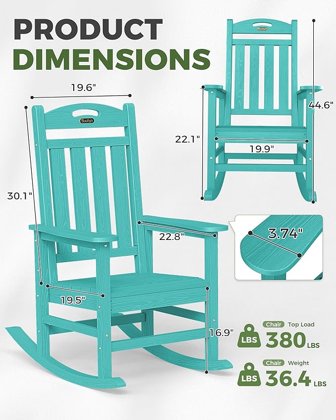 Oversized Outdoor Rocking Chair, High Back Porch Rocker Chair, HDPE All Weather Resistant Rocking Chairs for Patio, 380lbs Weight Capacity, Lake Blue
