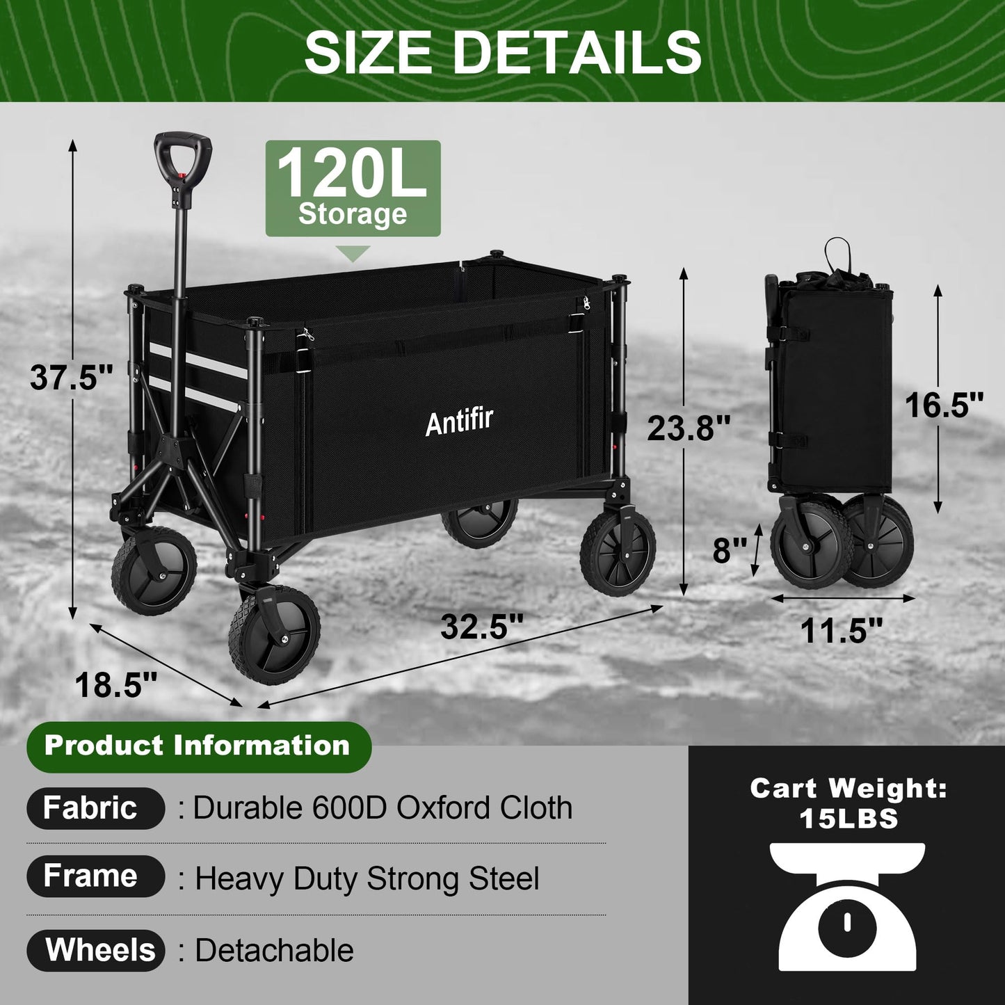 Antifir Collapsible Wagon Carts,Folding Wagon Cart with All Terrain Wheels,Heavy Duty Garden Carts with Adjustable Handle,Outdoor Utility Wagon for Camping Shopping Sports Fishing (Black)