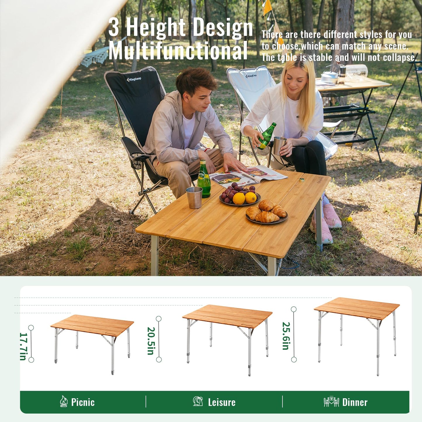 KingCamp Adjustable Height Folding Table, 4-Fold Bamboo Camping Outdoor Portable RV Camp Table with Carry Bag for Outdoor Car Backyard Picnic Tailgating Beach