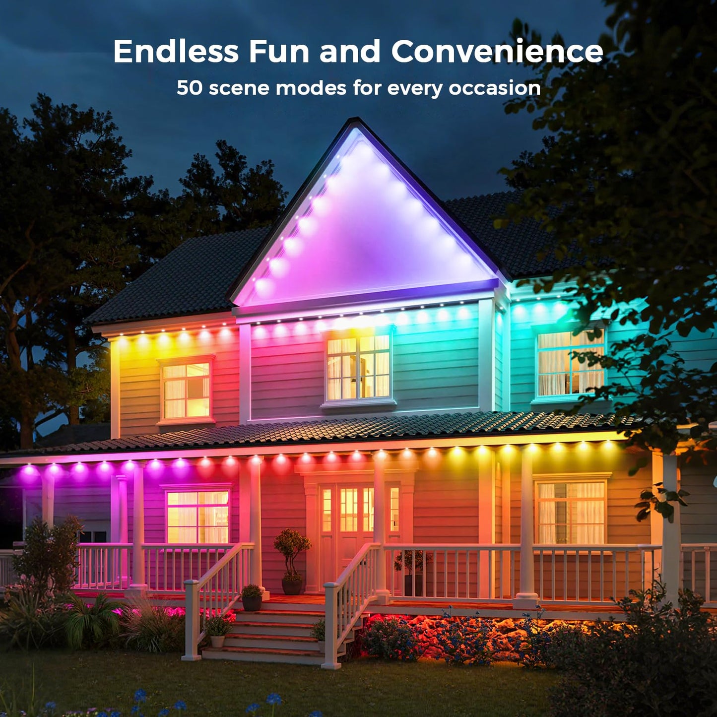 LunaSync Permanent Outdoor Lights, 150ft RGBIC Smart LED Eaves Lights with App & Remote Control, IP67 Waterproof, 50 Scene Modes for Christmas, Holiday, Pool Party & Daily Decor