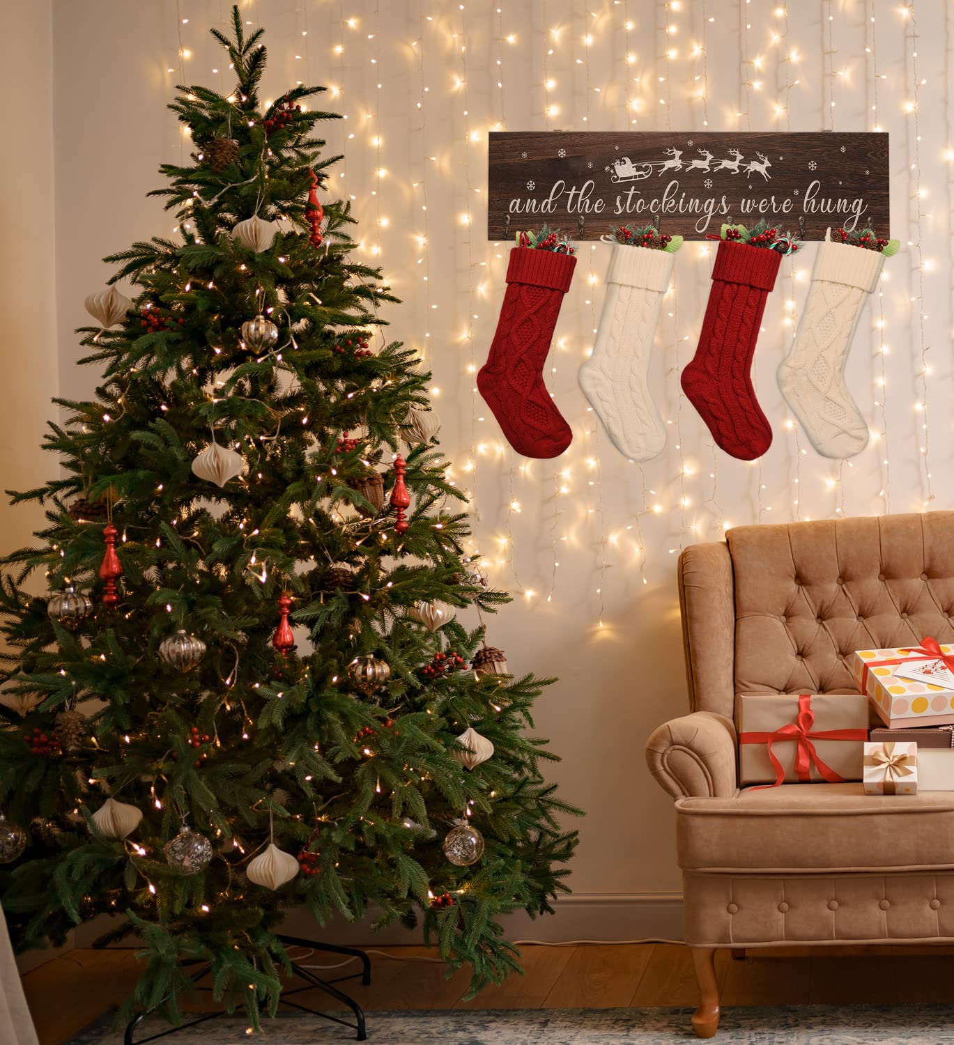 KORMMCO Christmas Stocking Holder, The Stocking were Hung Wood Hanging Sign, Stocking Holder for Wall, Xmas Stocking Holder with 6 Hangers for Fireplace Mantel, 24 inch,Brown,