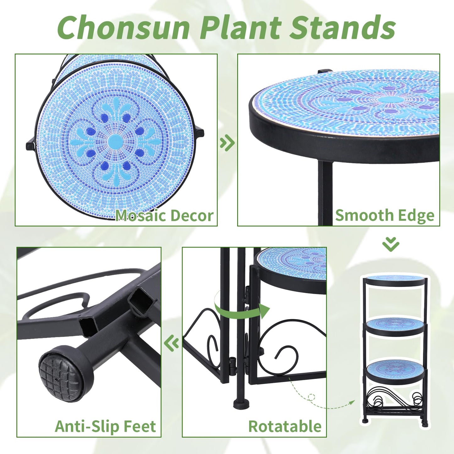 Chonsun Plant Stand Indoor 3 Tie Mosaic Metal Corner Shelf Outdoor Plant Pot Holder Folding Storage Corner Table Plant Shelves for Living Room