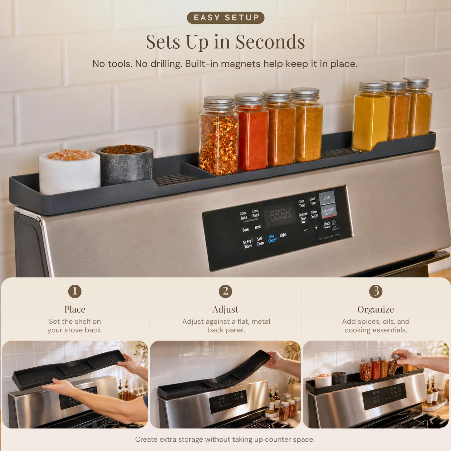 TEO Silicone Magnetic Stove Top Shelf – 30 Inch Over Stove Spice Rack, Shelf for Back of Range, Kitchen Stovetop Storage Organizer, Black