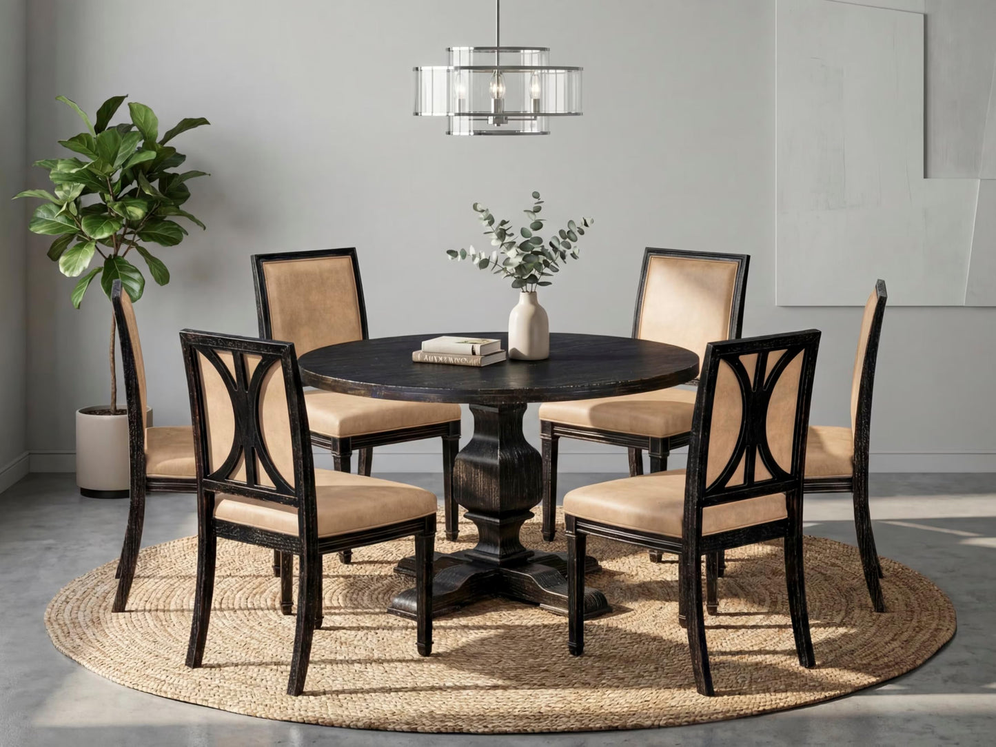 Luxe by East West Furniture - I3AM7-411-28 7-Piece Dinner Table Set Contains a Round Wood Dining Table and 6 Beige Polyester Chairs with High Back, Sand Blasting Black Finish.