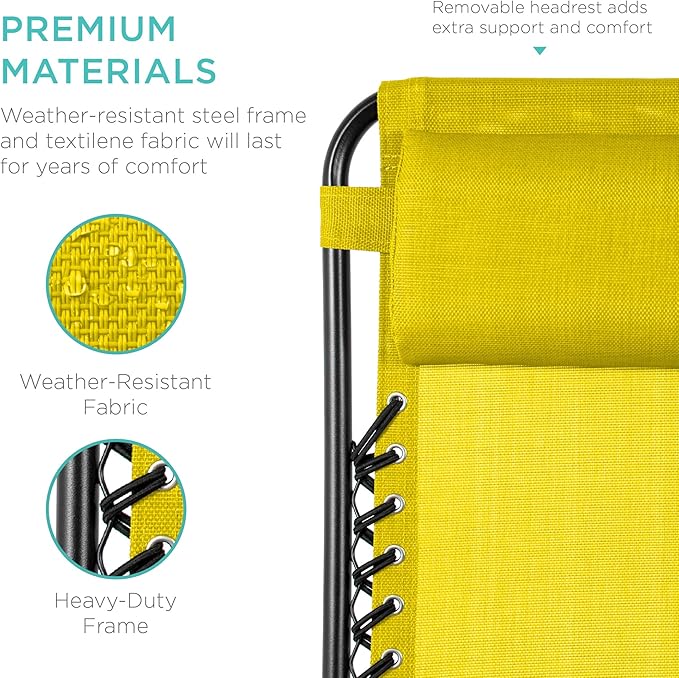 Best Choice Products Set of 2 Adjustable Steel Mesh Zero Gravity Lounge Chair Recliners w/Pillows and Cup Holder Trays - Sunflower Yellow