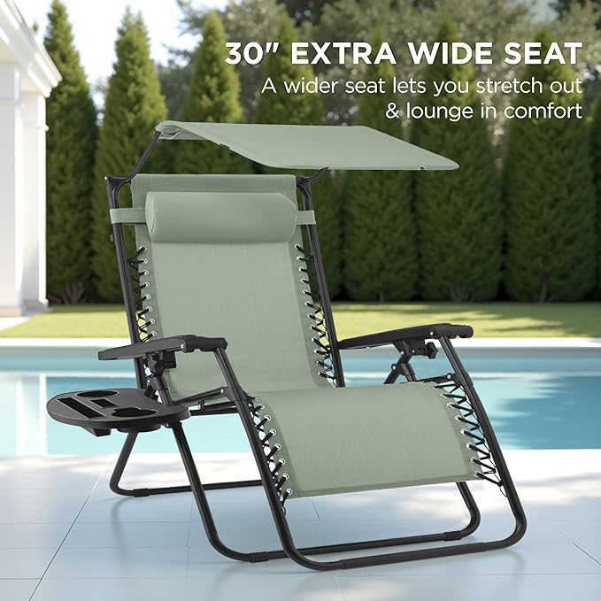 Best Choice Products 30” Wide Folding Zero Gravity Outdoor Recliner Patio Lounge Chair w/Adjustable Canopy Shade, Headrest, Side Accessory Tray - Sage Green