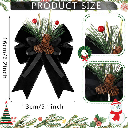 Syhood 6 Pcs Christmas Bows with Pine Cones Pine Needles Black Xmas Velvet Bows Elegant Ribbon Christmas Tree Wreath Decoration for Xmas Parties Indoor Outdoor Crafts DIY Decor