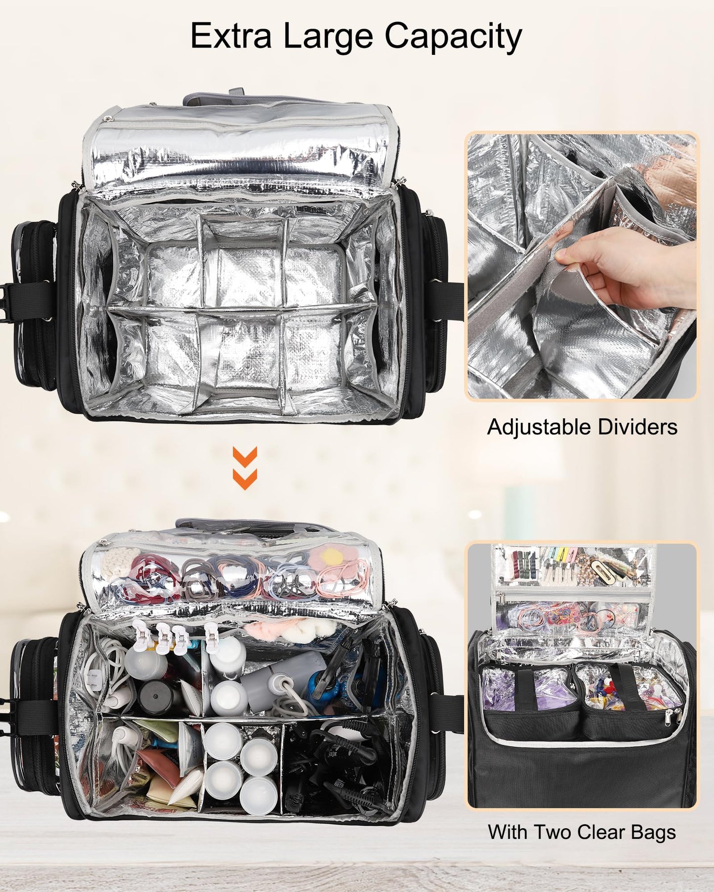 Relavel Rolling Makeup Train Case, Professional Hairstylist Traveling Bag with 4 Wheels & 2 Pouches, Adjustable Dividers, Heat Insulation Full Layer, Portable Cosmetics Storage Organizer Suitcase