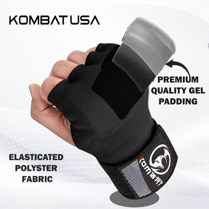 Kombat Gel Boxing Hand Wraps Inner Gloves for Men and Women, 75cm Quick Wrist Wraps Guard, Muay Thai MMA Kickboxing Martial Arts Punching Training Bandages, Hand Wraps for Boxing (Black, Medium)