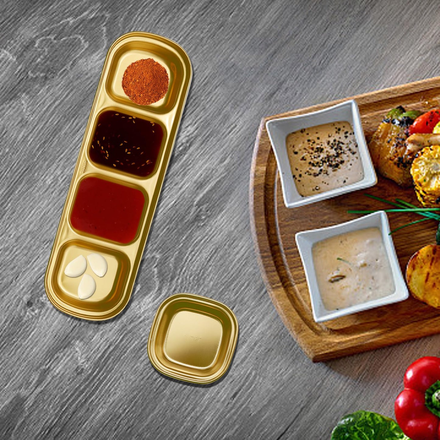 EATAKWARD 4 Pcs Stainless Steel Sauce Dish, Divided Dipping Plates, Divided Seasoning Sauce Dip Bowl, 1/2/3/4 Compartment Sauce Vinegar Seasoning Dishes, Vinegar Soy Spice Condiment Tray for Home