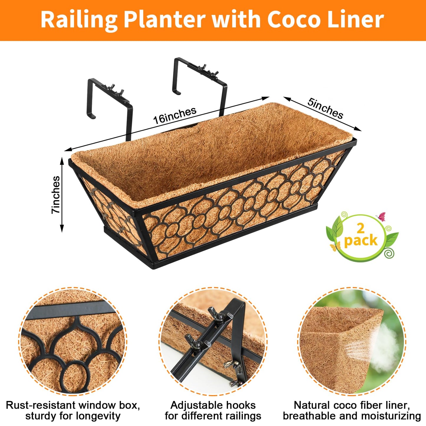 Riare 2 Pack 16 Inch Window Boxes Planters with Coco Liner, Metal Deck Railing Planter Boxes, Balcony Planters Railing Hanging, Horse Trough Window Flower Planter Boxes for Outdoor Porch Fence Patio