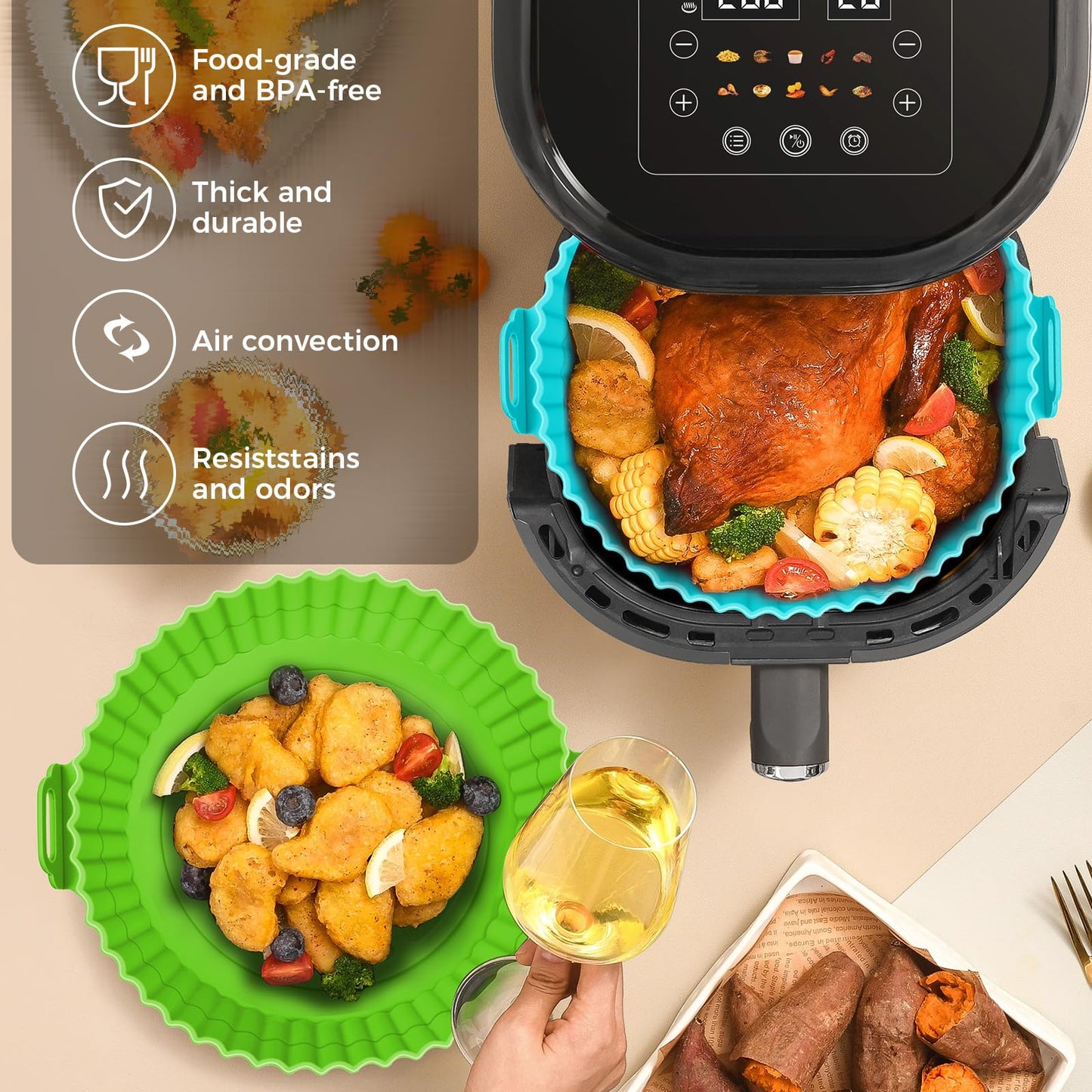 3 Pack Air Fryer Silicone Liners for 5 QT or Bigger, Reusable Food Grade Silicone Airfryer Liners Pot Baking Basket Accessories Replacement of Flammable Disposable Parchment Paper Top 8.7 inch