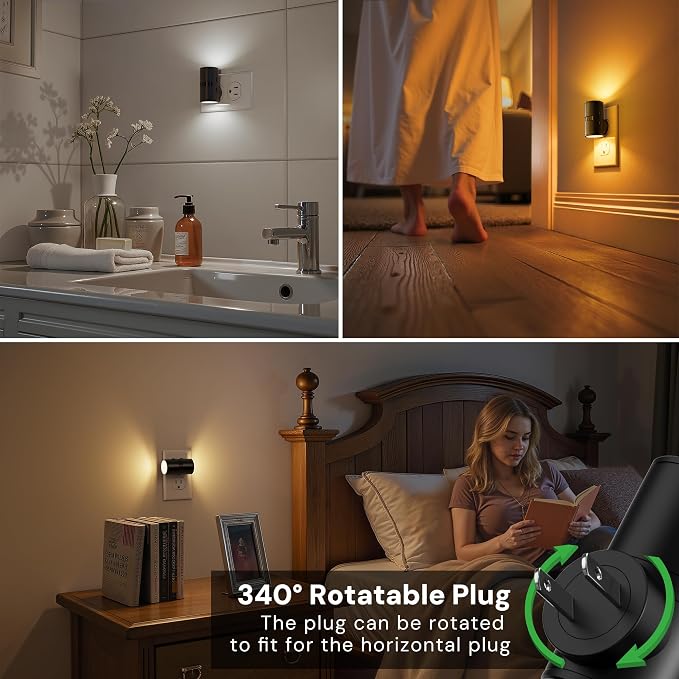 L LOHAS LED Motion Sensor Night Light, Mini Motion Activated Night Lights Plug into Wall, Rotating Motion Sensor Light Indoor, Amber-3000K-5000K, 10%-50%-100% Lumen, Hallway Bedroom Stairway, 4 Pack