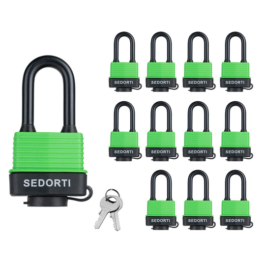 SEDORTI Colored Waterproof Padlocks, Green-Covered Laminated Steel Lock, Same Color with Same Key, Keyed Alike Outdoor Locks, Can Be Used as Lockout Tagout Lock, Long Padlocks, Pack of 12